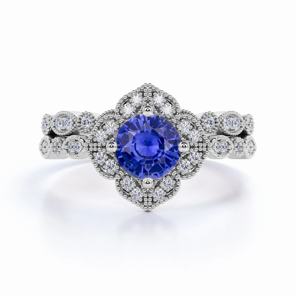 Genetic Design 1.75 Ct Round Cut Lab Sapphire Art Deco Wedding Ring Set