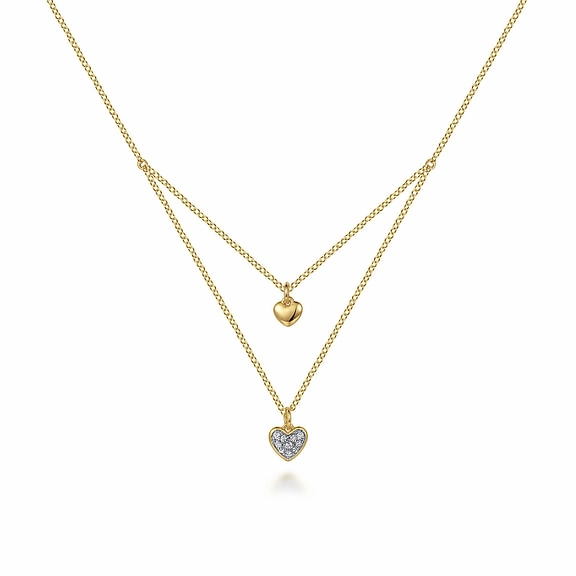 14K Yellow Gold Diamond Double Heart Pendant Necklace Modern Look Gifting Light