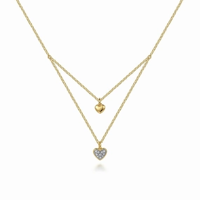 14K Yellow Gold Diamond Double Heart Pendant Necklace Modern Look Gifting Light