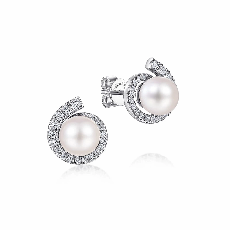 14K White Gold Pearl Stud Earrings with Diamond Halo Vibrant Glam