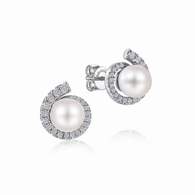 14K White Gold Pearl Stud Earrings with Diamond Halo Vibrant Glam