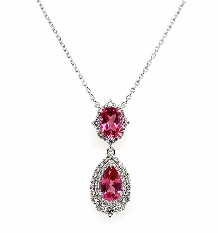 Bremer Jewelry 18K White Gold Pink Spinel and Diamond Drop Necklace (2.49ctw) Bold Jewelry Shine