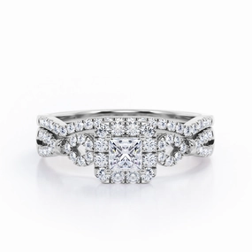 0.65 TCW Princess Cut Diamond - Triple Halo Design - Split Shank Pave Bridal Set - 10K White Gold Statement Jewelry Comfortable Look