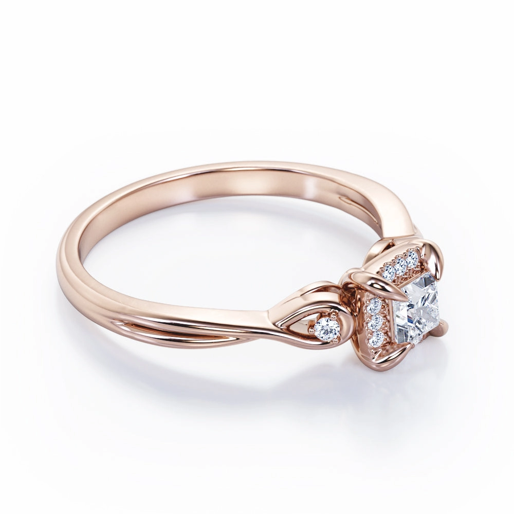 Prong and Halo 0.45 carat Princess Diamond and Diamond Twisted Shank Engagement Ring in White Gold Any Occasion Sparkling Article