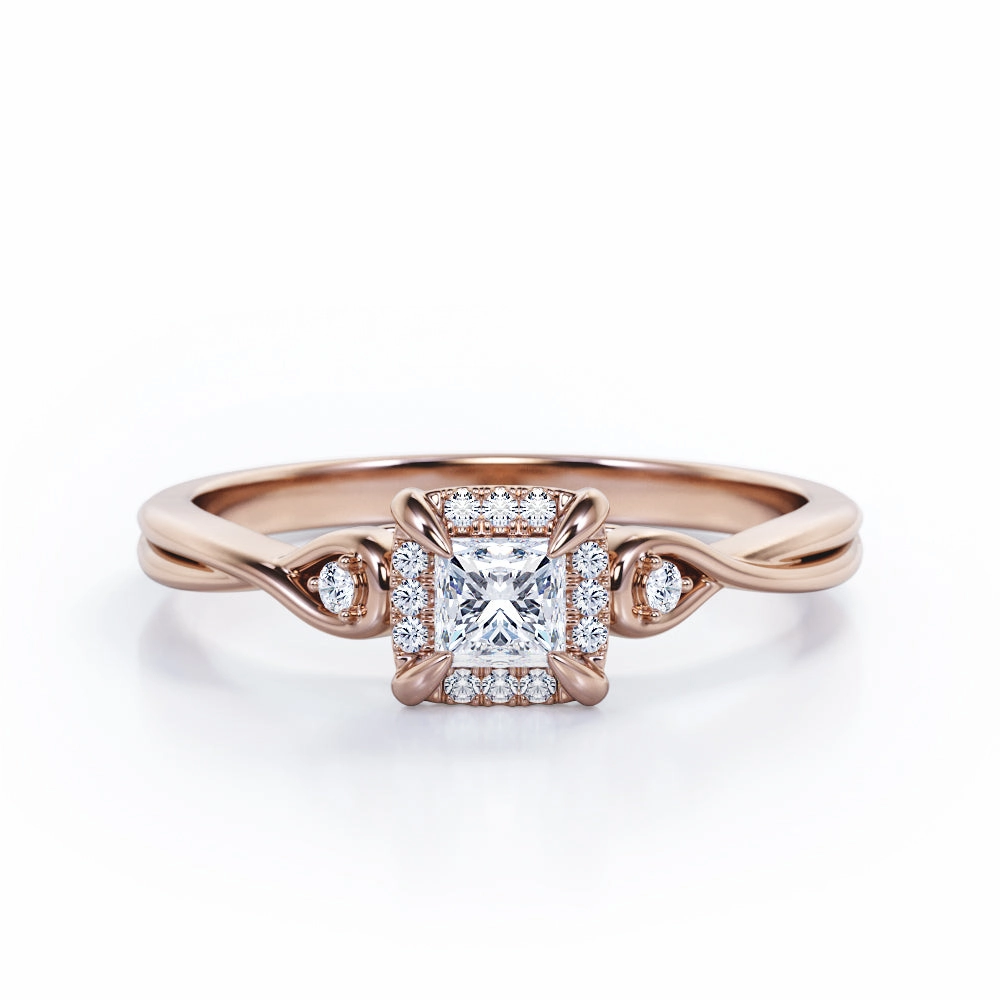 Contemporary Sign Prong and Halo 0.45 carat Princess Diamond and Diamond Twisted Shank Engagement Ring in White Gold