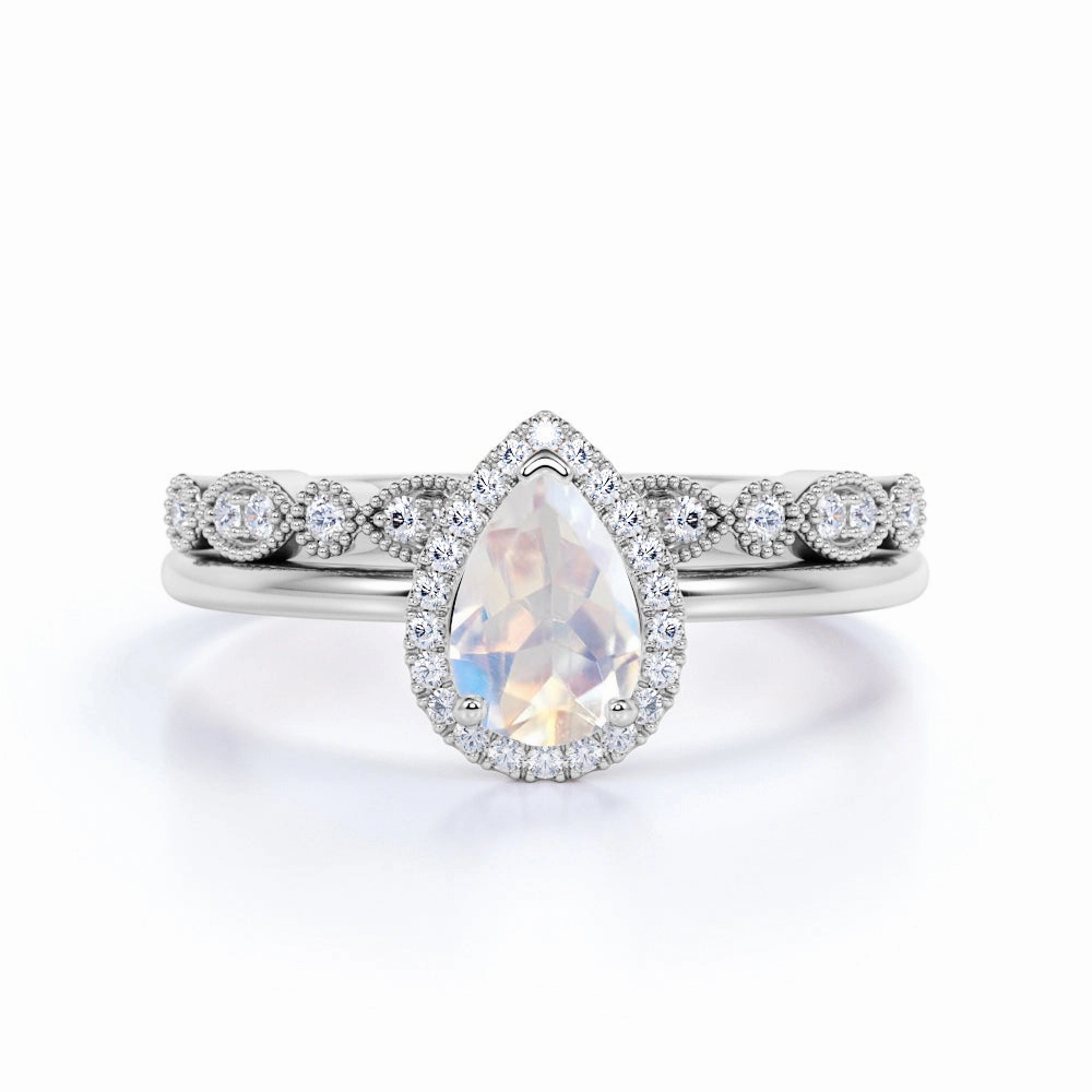 1.5 ct Pear Rainbow Moonstone Infinity Wedding Set Customizable Appearance