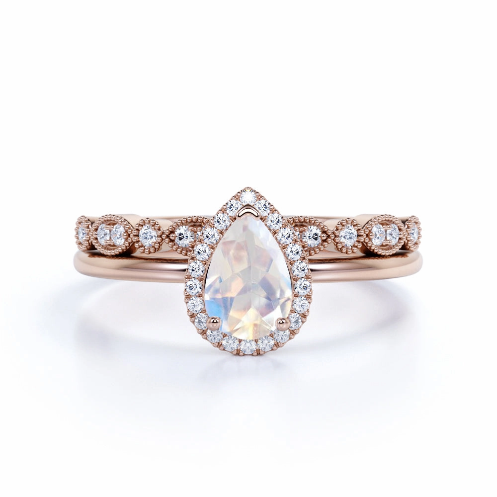 1.5 ct Pear Rainbow Moonstone Infinity Wedding Set Fine Style Beautiful Item