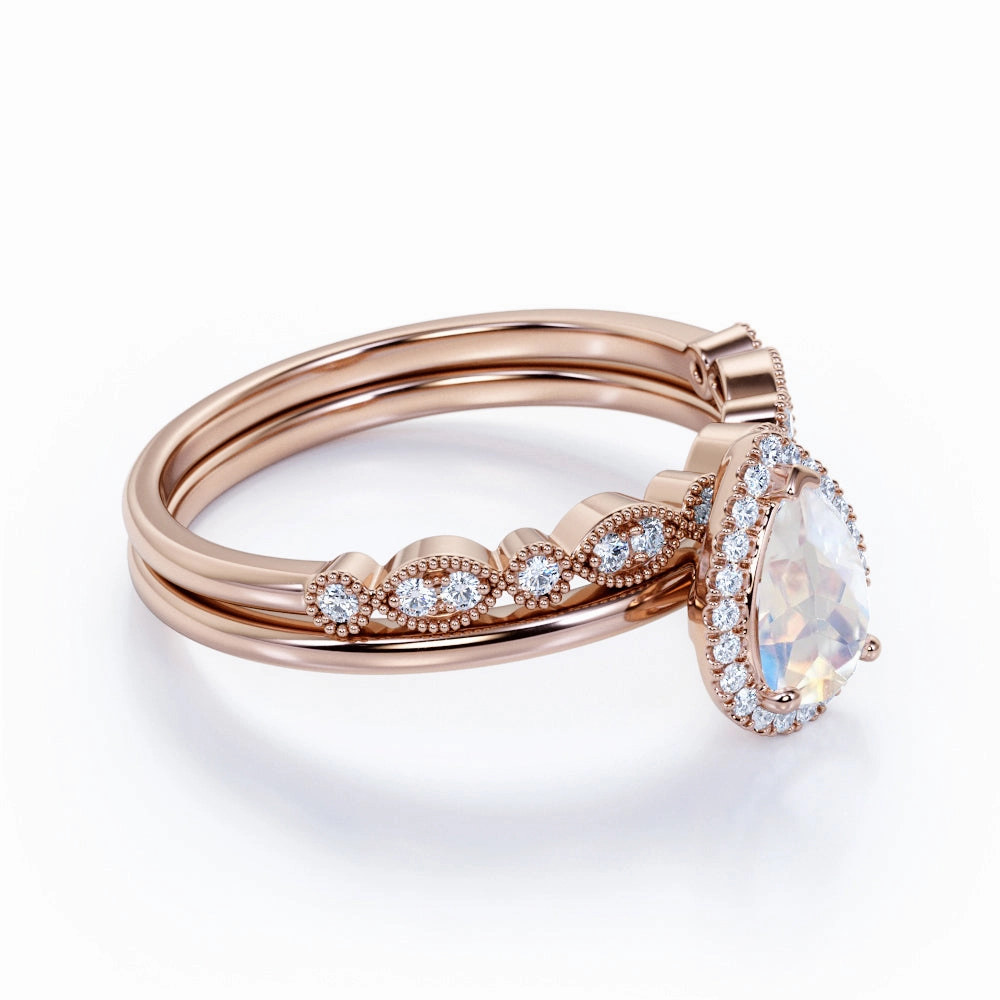 Premium Decoration Energy Efficient 1.5 ct Pear Rainbow Moonstone Infinity Wedding Set