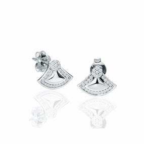 Curved Adornment Triangular Fan Shaped Pave Setting Diamond Earrings in 18K White Gold over Silver