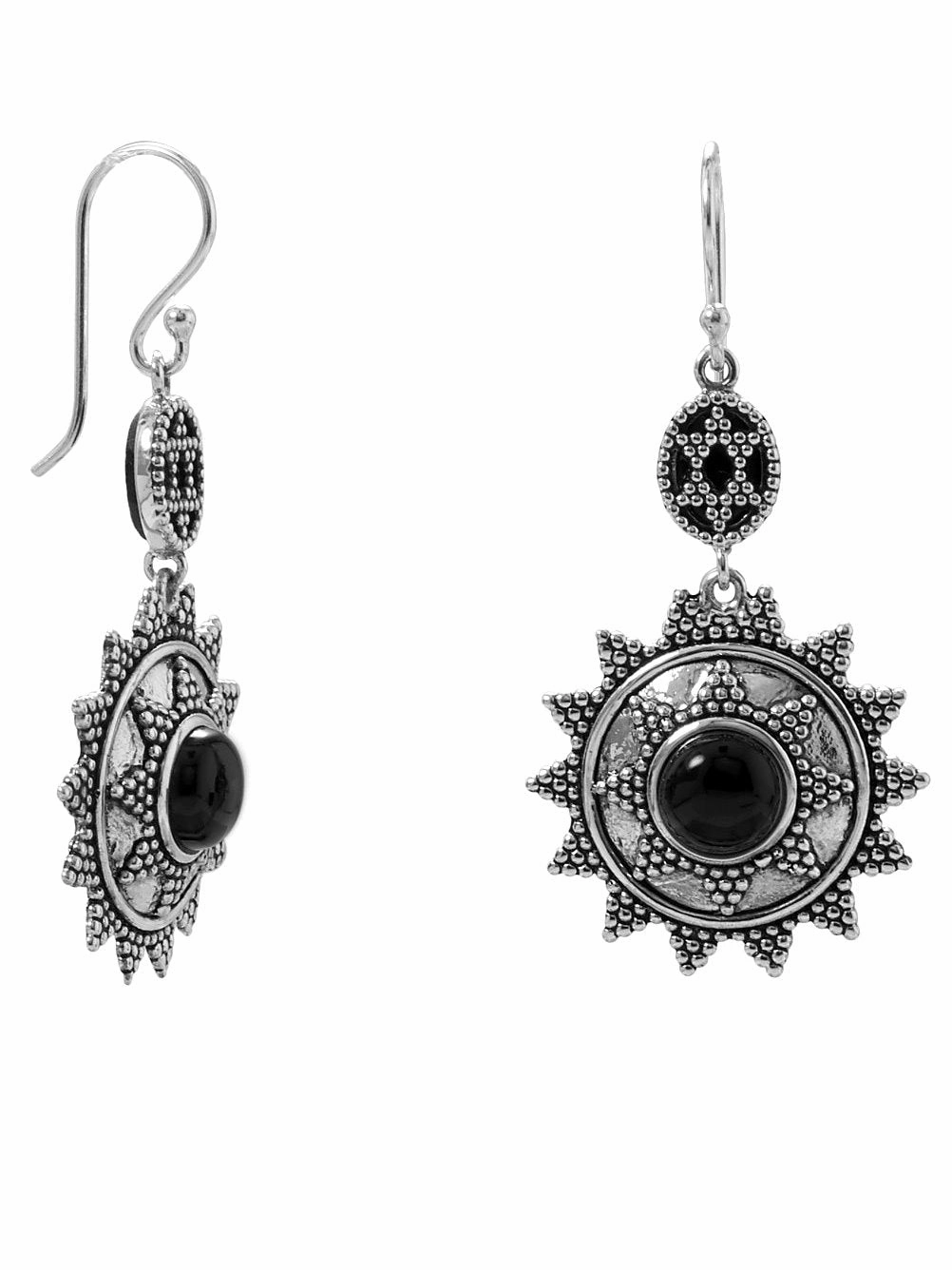 Sterling Silver Black Onyx Earrings Sun Star Design Dainty Adornment Delicate Accessory