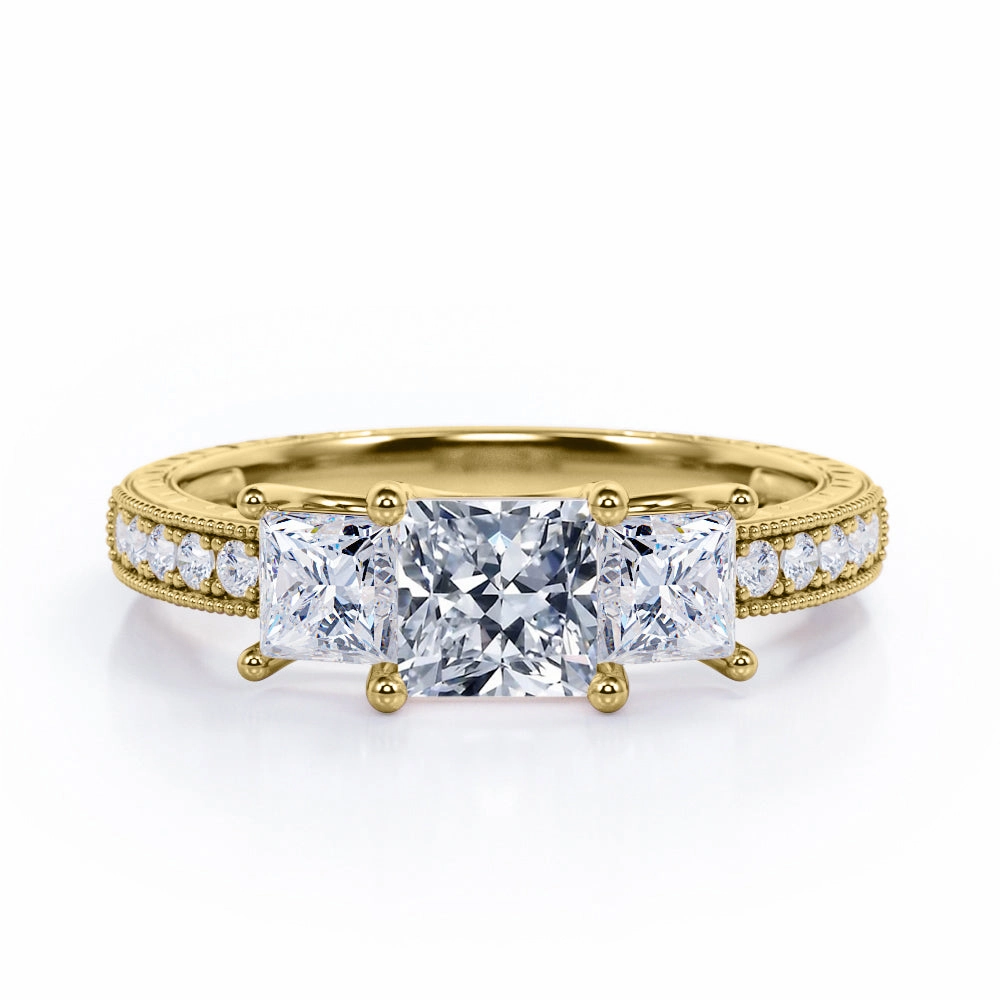 Trilogy 1.25 Carat Princess Cut Moissanite Milgrain Engagement Ring Stylish Present Glam Finish
