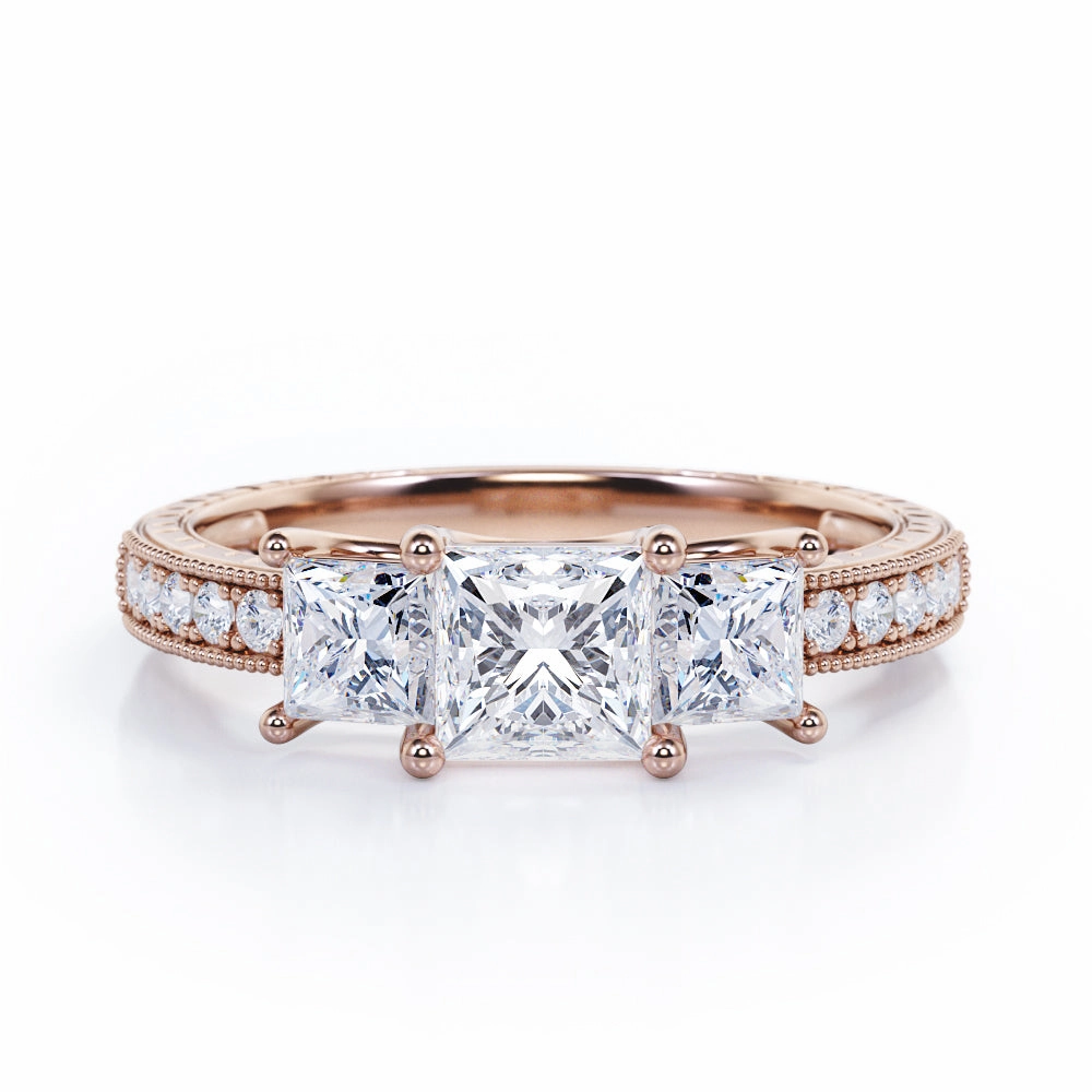 Strong Construction Creative Piece Trilogy 1.25 Carat Princess Cut Moissanite Milgrain Engagement Ring