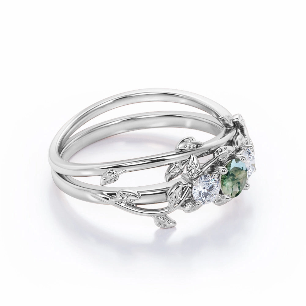 Trio 0.8 Carat Round Moss Agate Vine Bridal Set Beautiful Bauble Polished Design