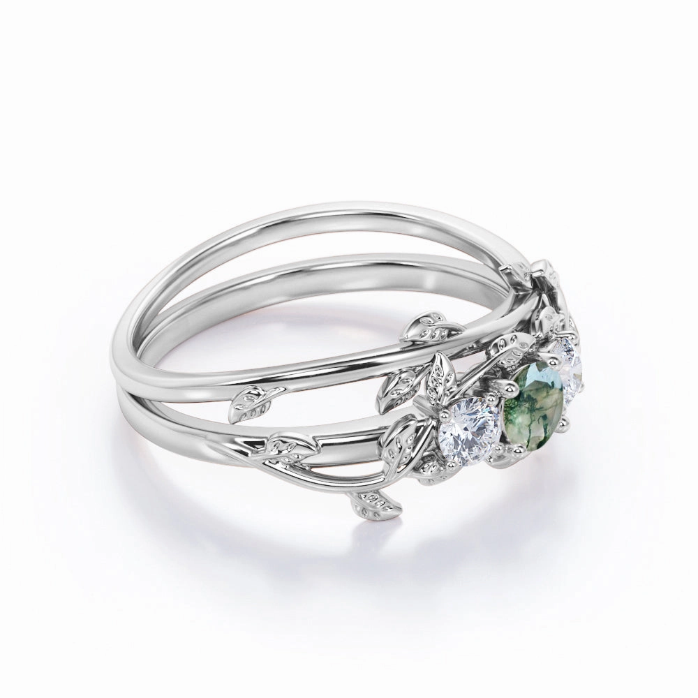 Romantic Mood Shiny Effect Trio 0.8 Carat Round Moss Agate Vine Bridal Set