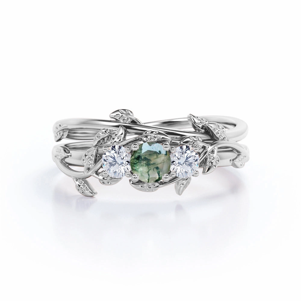 Trio 0.8 Carat Round Moss Agate Vine Bridal Set Stylish Sign Friendship Bond