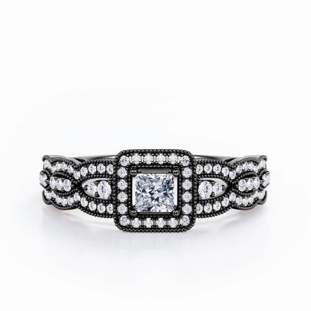 Neutral design Triple Curved Pave Band - 0.5 TCW Princess Cut Diamond - Milgrain Halo-Channel Engagement Ring - 10K Black Gold