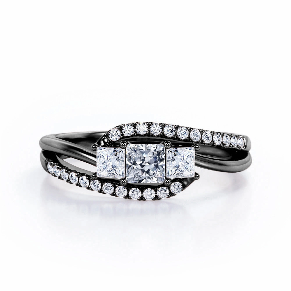 Event Accent Compact Design Triple Stone - 0.5 TCW Princess Cut Diamond - Tension Pave Split Shank Engagement Ring - 10K White Gold