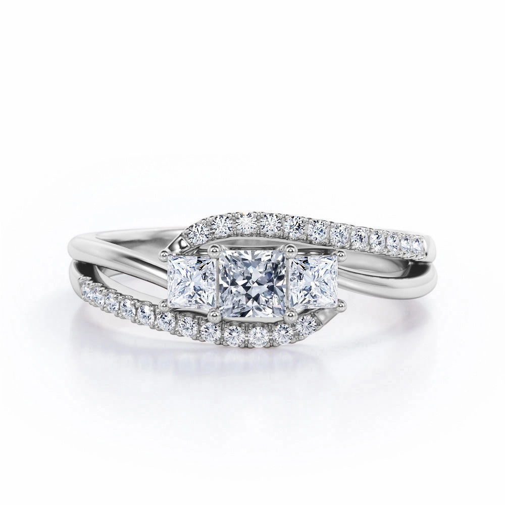 Triple Stone - 0.5 TCW Princess Cut Diamond - Tension Pave Split Shank Engagement Ring - 10K White Gold Beautiful Piece