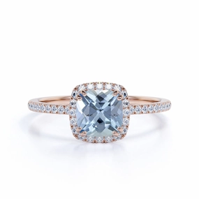 Pave 1.25 ct Cushion Aquamarine Halo Engagement Ring Dainty Touch