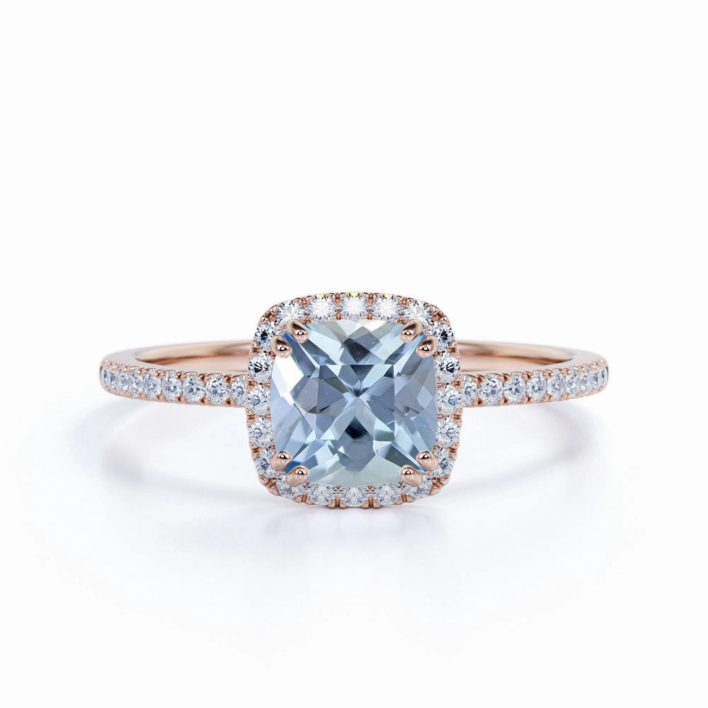 Pave 1.25 ct Cushion Aquamarine Halo Engagement Ring Dainty Touch