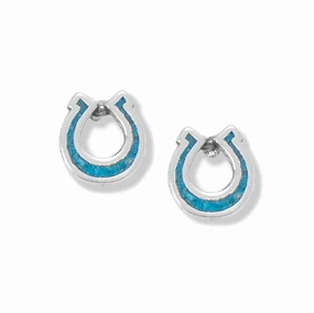 Vintage Finish Matte Accent Turquoise Chip Horseshoe Earrings Sterling Silver