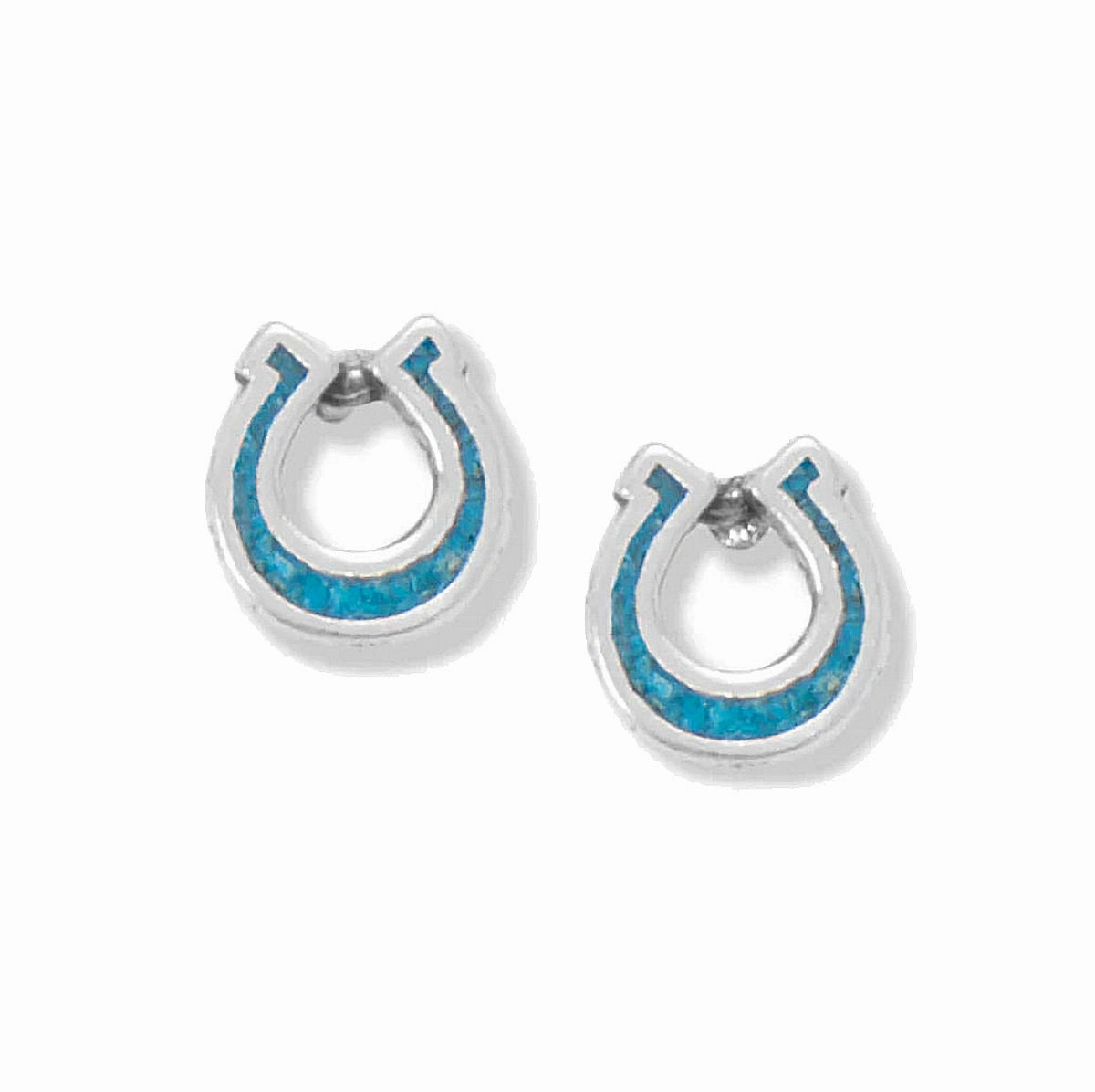Vintage Finish Matte Accent Turquoise Chip Horseshoe Earrings Sterling Silver