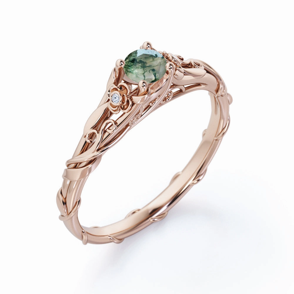 Simple Form Twig 0.5 Ct Round Cut Green Moss Agate Engagement Ring