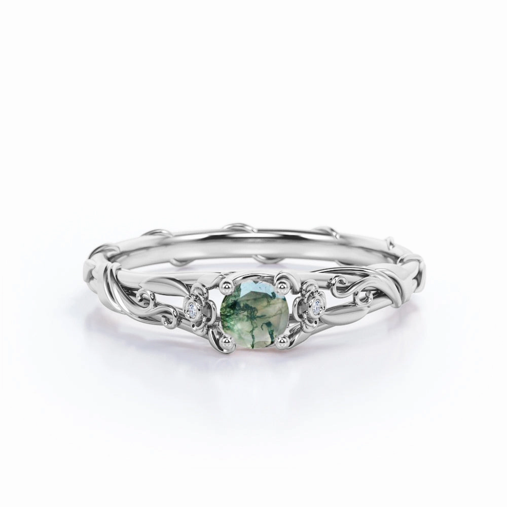 Twig 0.5 Ct Round Cut Green Moss Agate Engagement Ring Timeless Statement Daily Harmony
