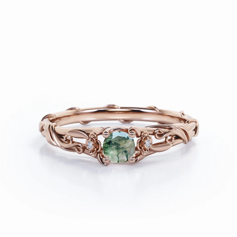 Festival wear Twig 0.5 Ct Round Cut Green Moss Agate Engagement Ring