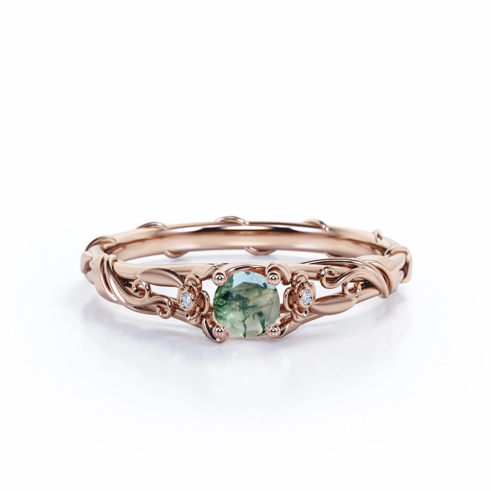 Refined Harmony Handcrafted Piece Twig 0.5 Ct Round Cut Green Moss Agate Engagement Ring