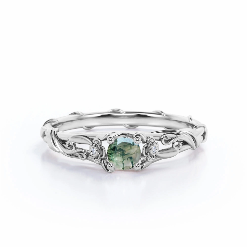 Exclusive Expression Twig 0.5 Ct Round Cut Green Moss Agate Engagement Ring