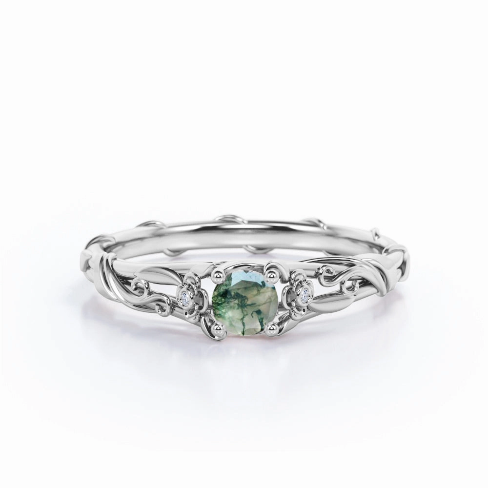 Twig 0.5 Ct Round Cut Green Moss Agate Engagement Ring Clean Accent Eternal Adornment