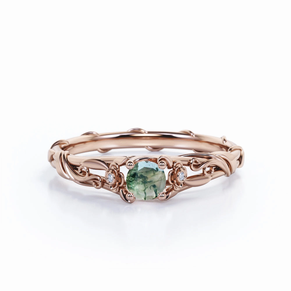 Stylish Look Twig 0.5 Ct Round Cut Green Moss Agate Engagement Ring