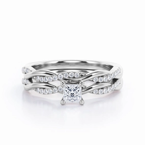Twisted 0.50 Ct Princess Cut Diamond Wedding Ring Set HighEnd Bauble Polished Look