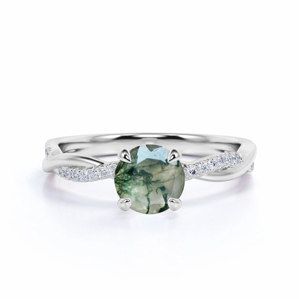Budget Design Twisted 1.10 Carat Round Green Moss Agate Engagement Ring