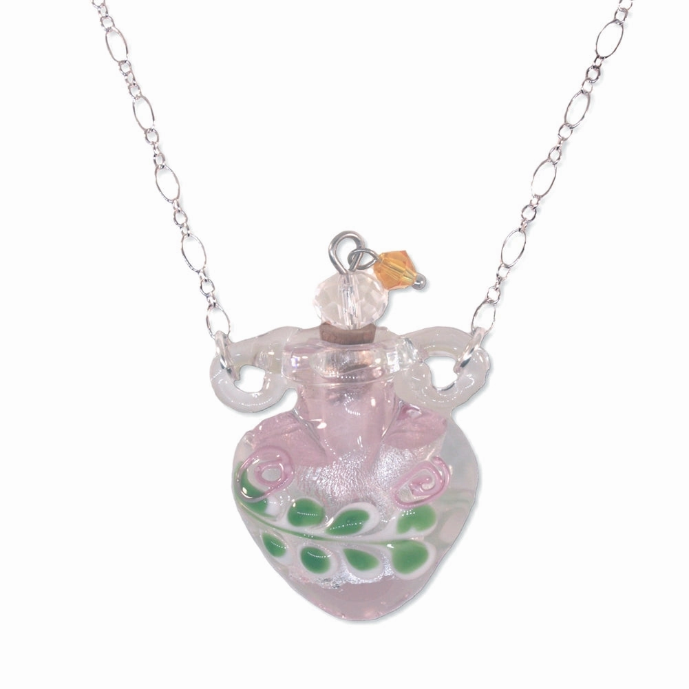 Pink Heart Vessel Bottle Pendant with Cork Top Necklace Sterling Silver Father??s Gift Wonderful Item