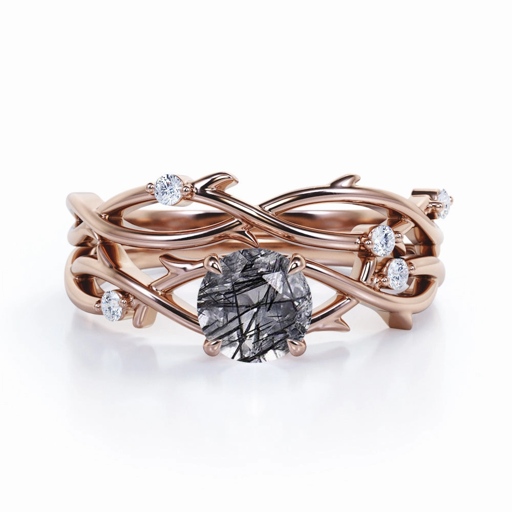 Chic Style Twisted Leaf 1.15 ct Round Black Rutilated Quartz Infinity Bridal Set