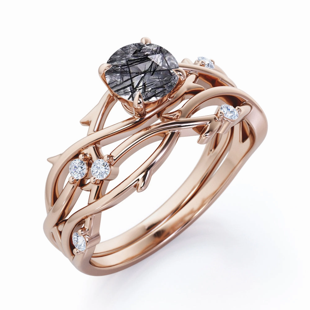 Ritual Object Cozy Look Twisted Leaf 1.15 ct Round Black Rutilated Quartz Infinity Bridal Set