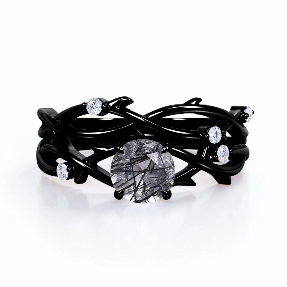 Fantastic Symbol Simple Mark Twisted Leaf 1.15 ct Round Black Rutilated Quartz Infinity Bridal Set