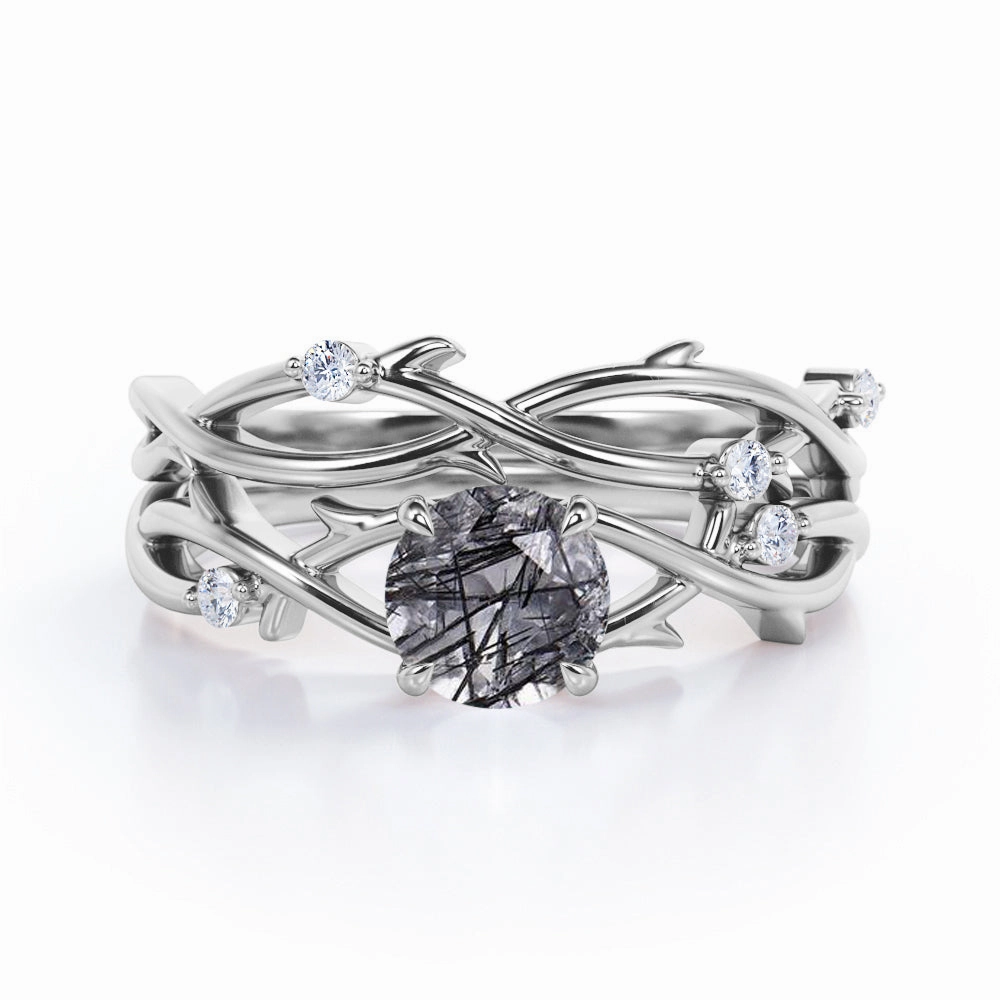 Beautiful Trinket Twisted Leaf 1.15 ct Round Black Rutilated Quartz Infinity Bridal Set