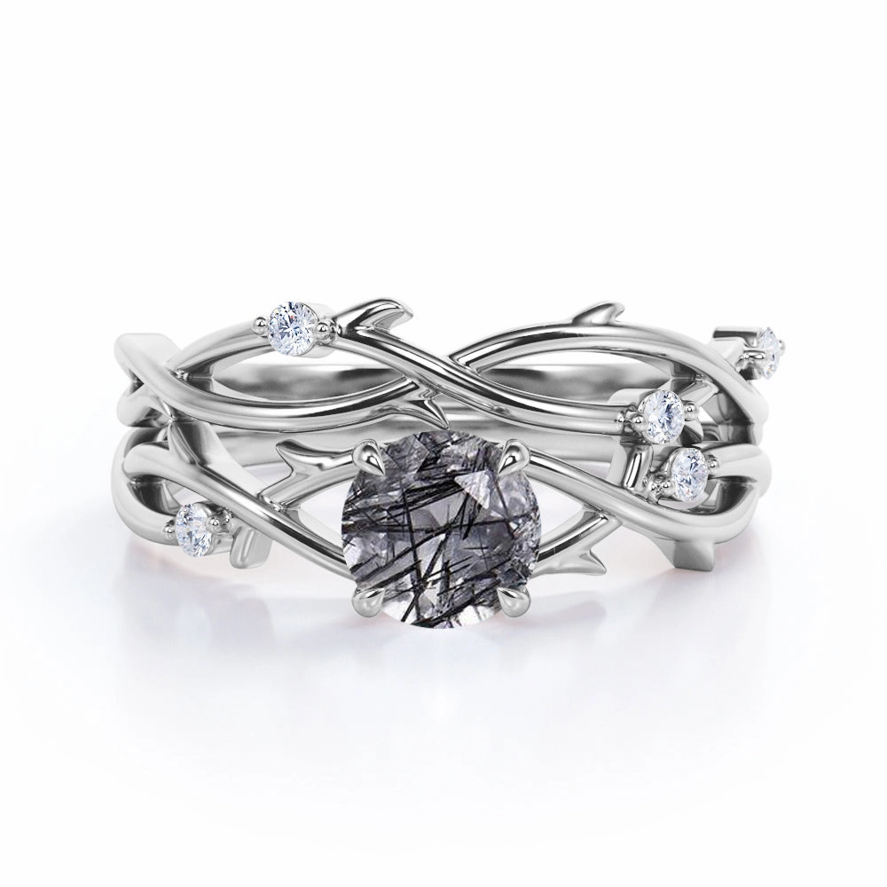 Stylish Art Collectible Jewelry Twisted Leaf 1.15 ct Round Black Rutilated Quartz Infinity Bridal Set