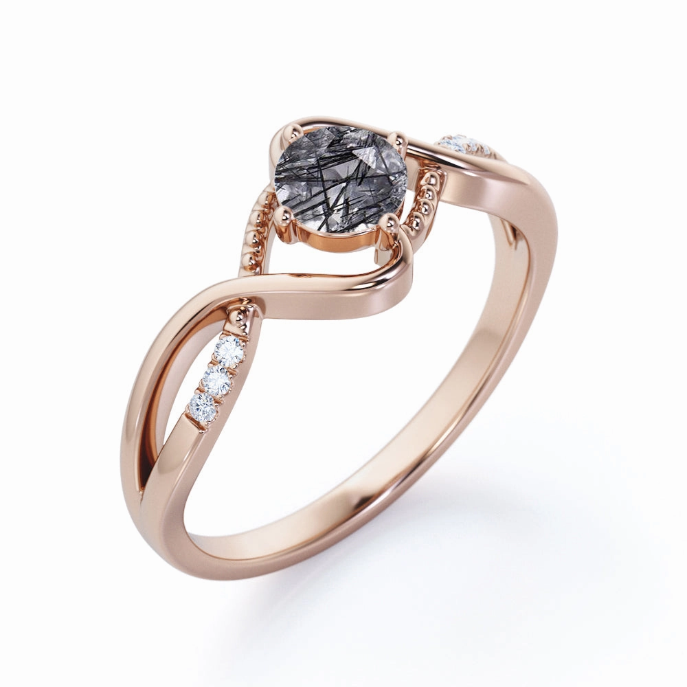 Twisted Shank 1.10 ct Round Black Rutilated Quartz Engagement Ring Value Adornment Daily Style
