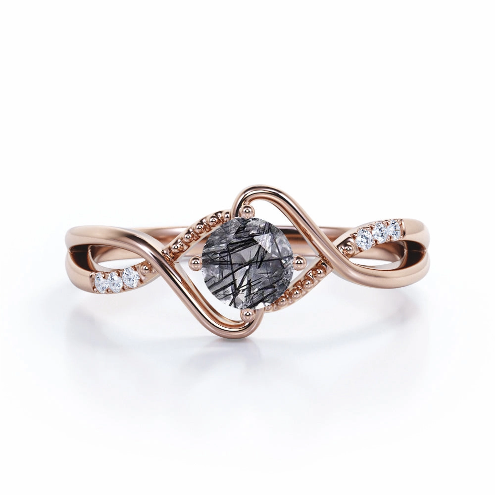 Soft Finish Strong Design Twisted Shank 1.10 ct Round Black Rutilated Quartz Engagement Ring