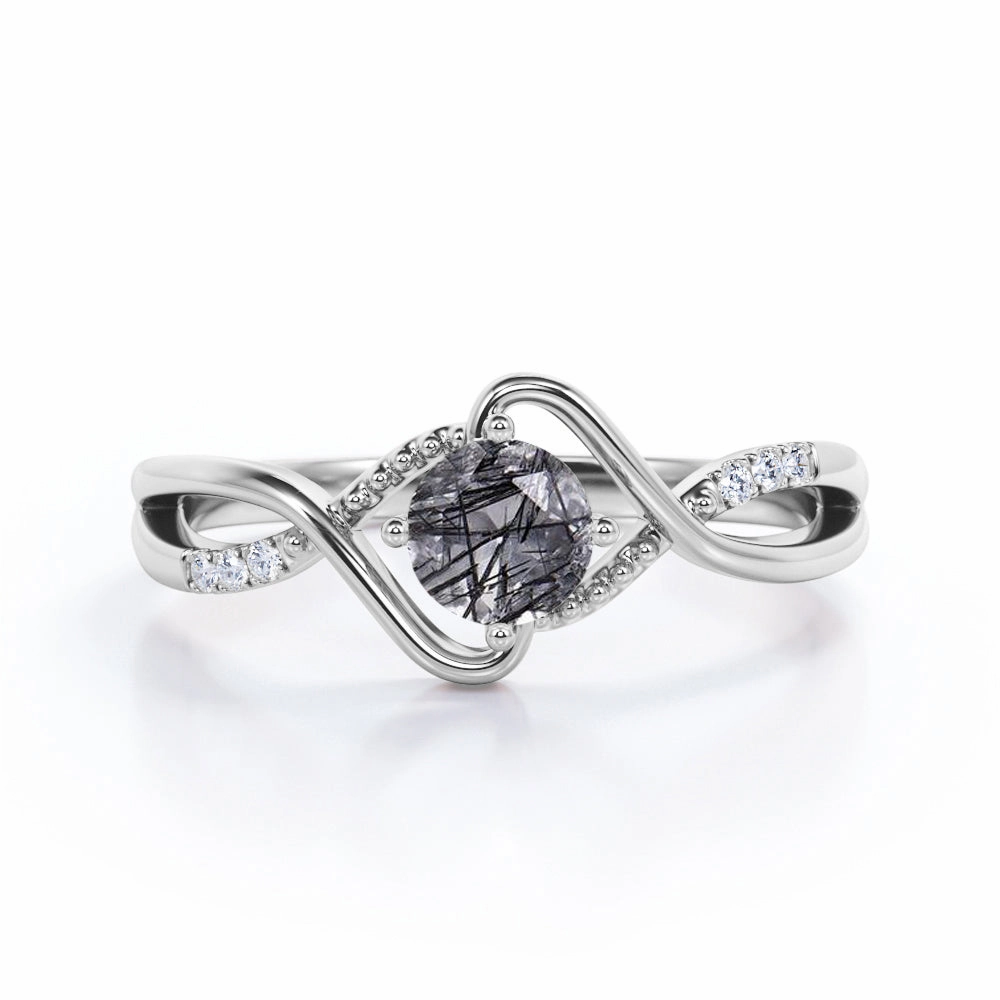 Twisted Shank 1.10 ct Round Black Rutilated Quartz Engagement Ring Luxurious Feel Lightweight Expression