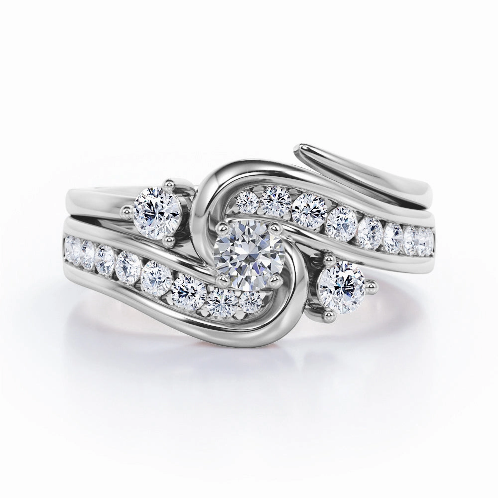 Formal Elegance Twisted Tension - Prong 0.55 TCW Round Brilliant Cut Diamond - Flush Channel Wedding Set - 10K White Gold