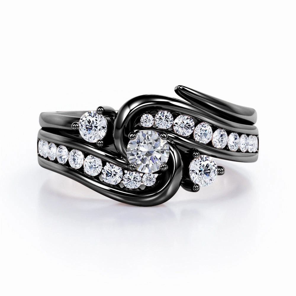 Twisted Tension - Prong 0.55 TCW Round Brilliant Cut Diamond - Flush Channel Wedding Set - 10K White Gold Transparent Item