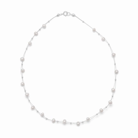 Brushed Item Two Strand Floating Cultured Freshwater Pearl Necklace with Sterling Silver Beads 16 inch