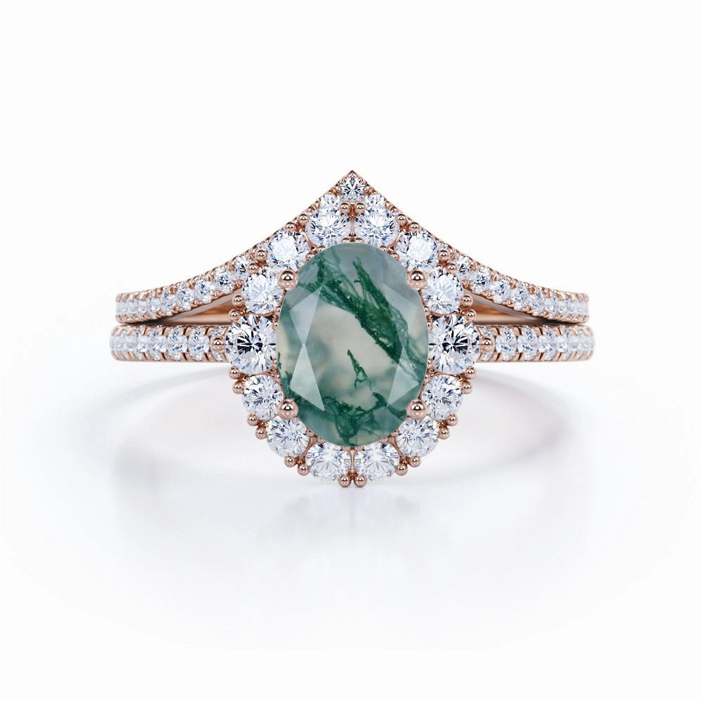Balanced Beauty Everyday Present 1.75 Carat Oval Cut Moss Agate Halo Bridal Set