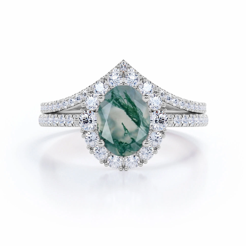 1.75 Carat Oval Cut Moss Agate Halo Bridal Set Joyful Gift