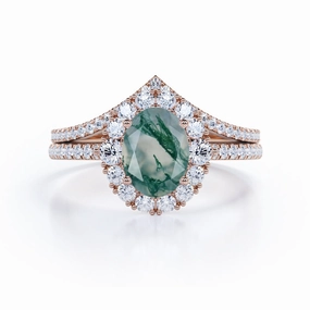 Quality Product 1.75 Carat Oval Cut Moss Agate Halo Bridal Set
